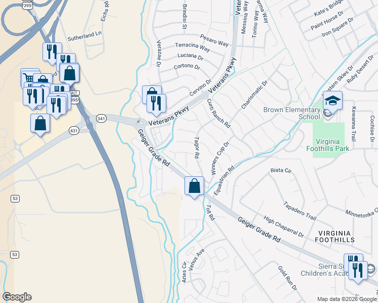 map of restaurants, bars, coffee shops, grocery stores, and more near 14000 Welsh Mountain Court in Reno