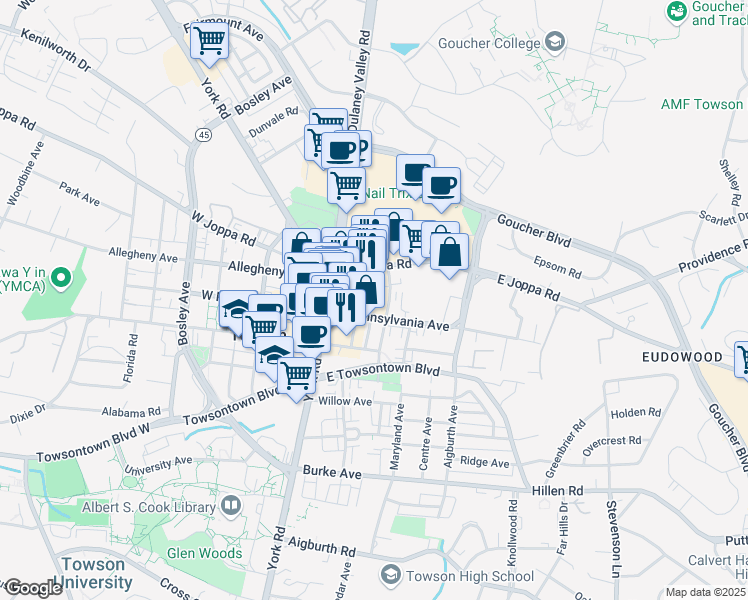 map of restaurants, bars, coffee shops, grocery stores, and more near 111 East Joppa Road in Towson
