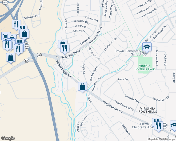map of restaurants, bars, coffee shops, grocery stores, and more near 550 Alydar Court in Reno