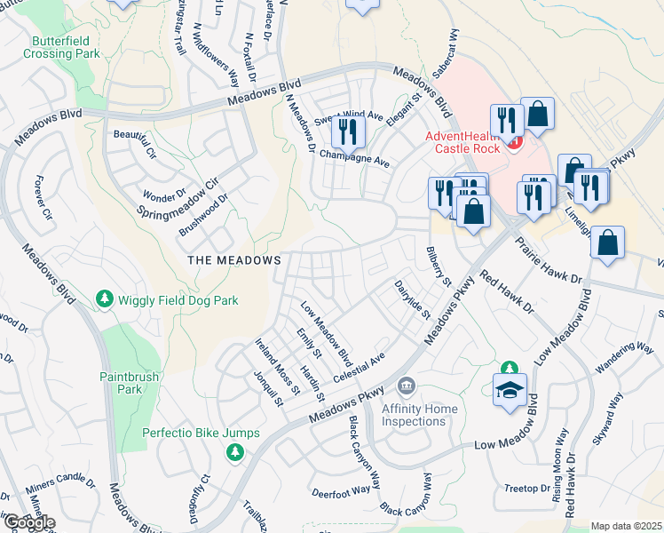 map of restaurants, bars, coffee shops, grocery stores, and more near 3578 Happyheart Way in Castle Rock
