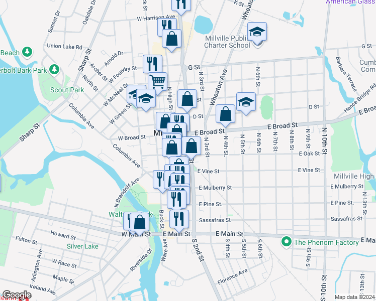 map of restaurants, bars, coffee shops, grocery stores, and more near 426 North 2nd Street in Millville