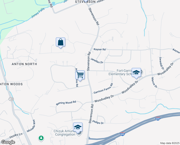 map of restaurants, bars, coffee shops, grocery stores, and more near 8407 Stevenson Road in Pikesville