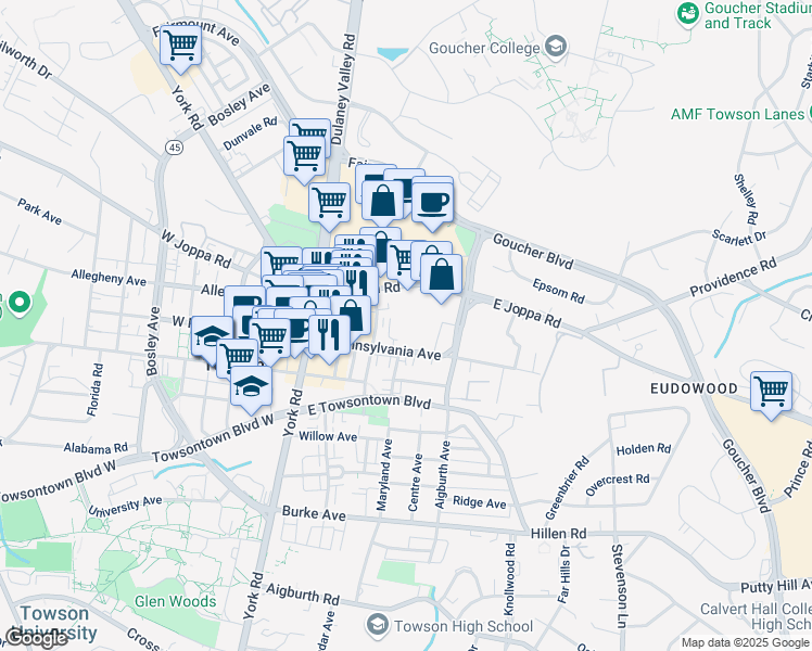 map of restaurants, bars, coffee shops, grocery stores, and more near 205 East Joppa Road in Towson