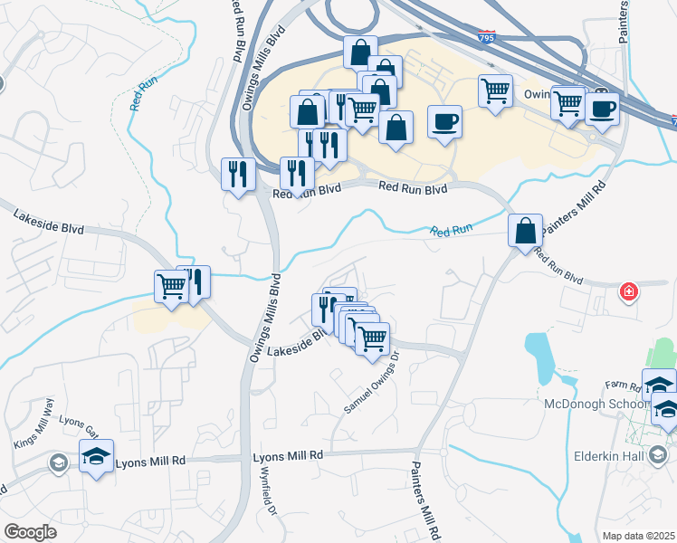 map of restaurants, bars, coffee shops, grocery stores, and more near Groveton Circle in Owings Mills