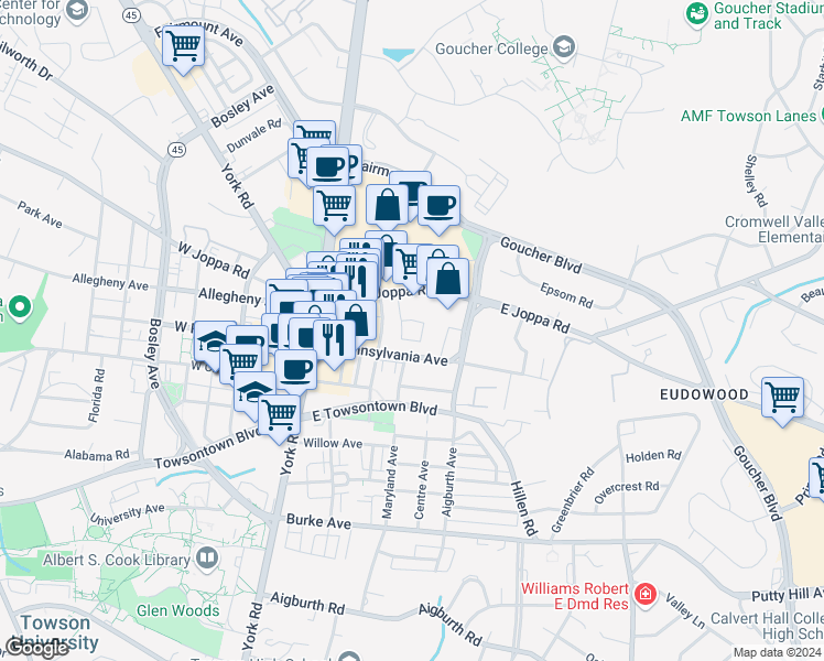 map of restaurants, bars, coffee shops, grocery stores, and more near 205 East Joppa Road in Towson