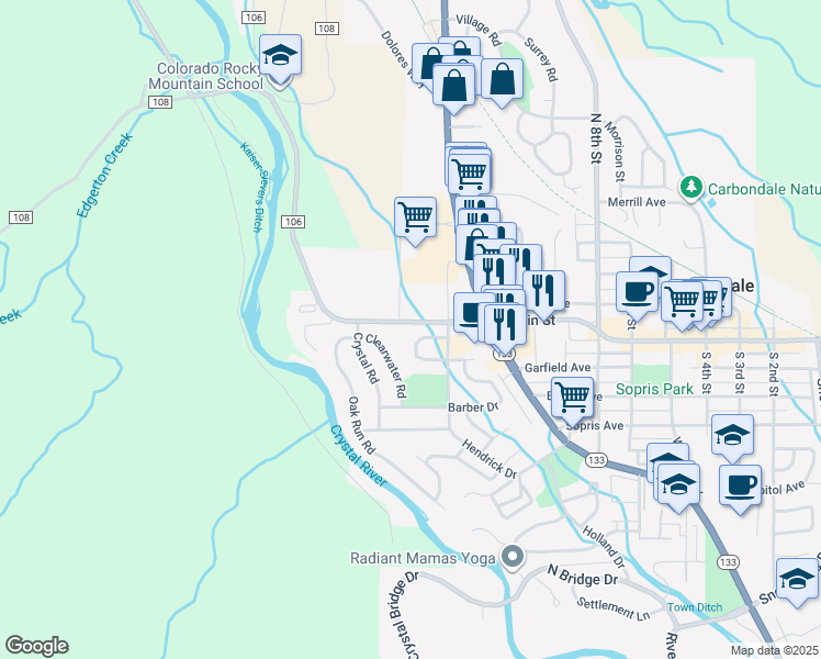 map of restaurants, bars, coffee shops, grocery stores, and more near 1400 Main Street in Carbondale