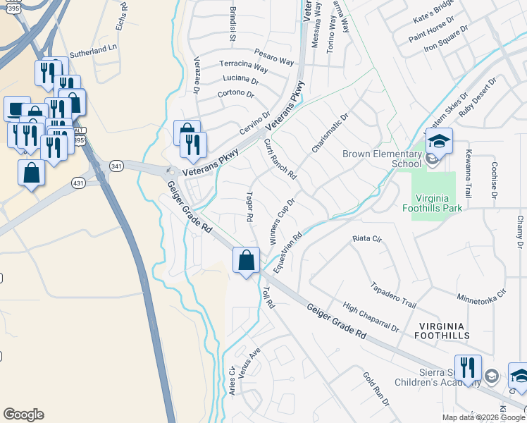map of restaurants, bars, coffee shops, grocery stores, and more near 550 Alydar Court in Reno