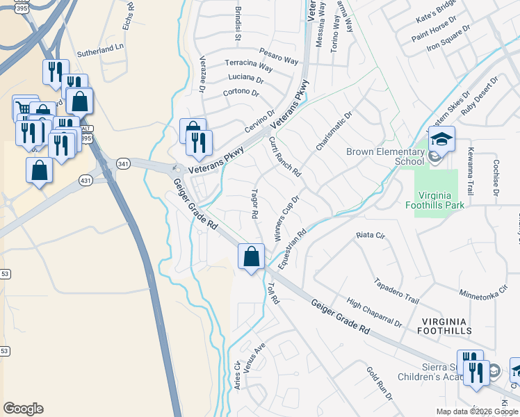 map of restaurants, bars, coffee shops, grocery stores, and more near 550 Alydar Court in Reno