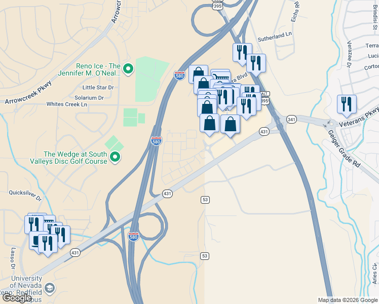 map of restaurants, bars, coffee shops, grocery stores, and more near 1660 Whites Creek Lane in Reno