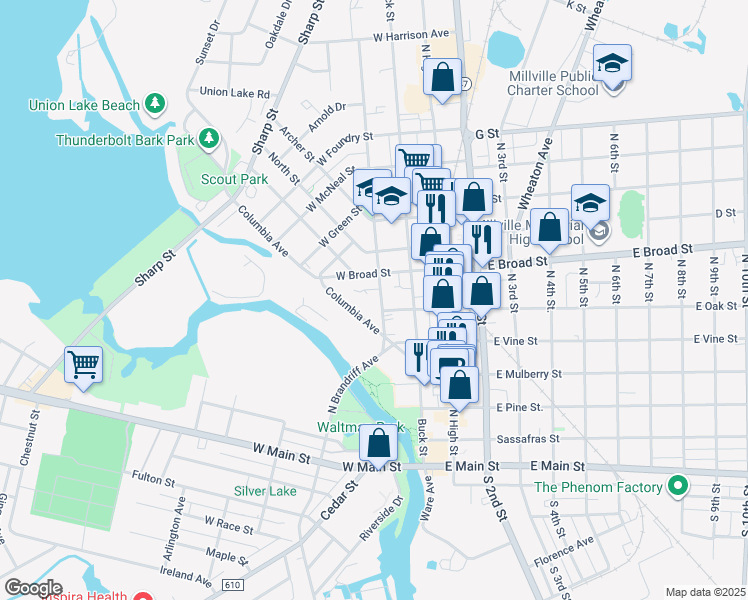 map of restaurants, bars, coffee shops, grocery stores, and more near 523 Columbia Avenue in Millville