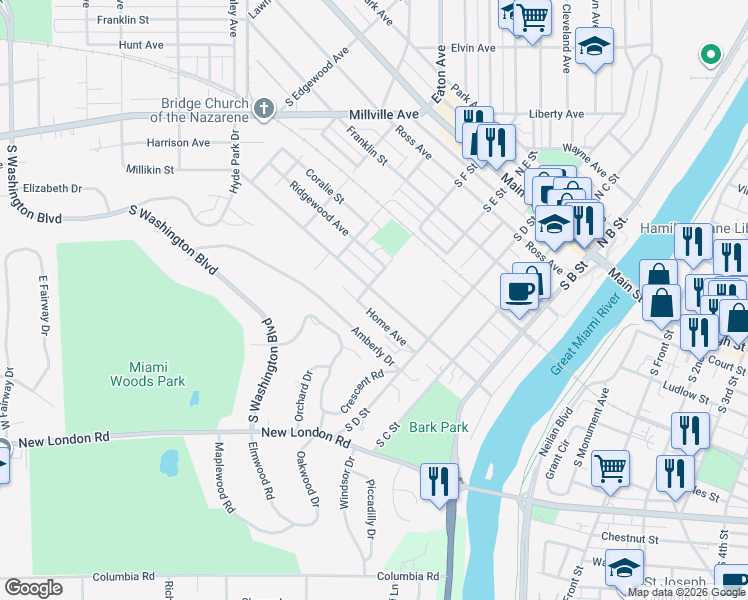 map of restaurants, bars, coffee shops, grocery stores, and more near 405 Millikin Street in Hamilton
