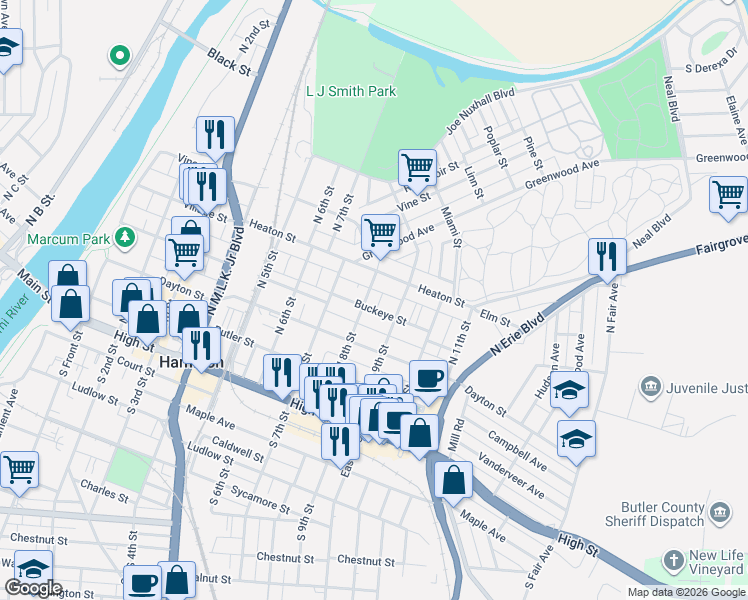 map of restaurants, bars, coffee shops, grocery stores, and more near 826 Buckeye Street in Hamilton