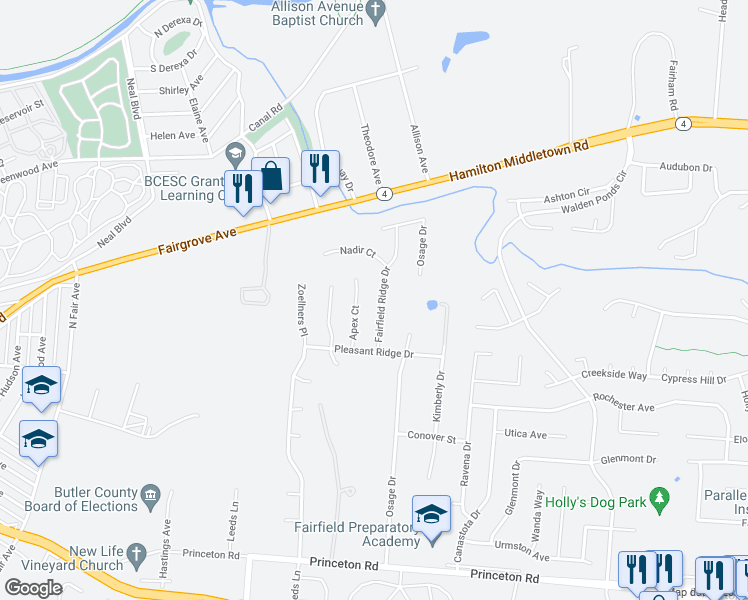 map of restaurants, bars, coffee shops, grocery stores, and more near 2657 Fairfield Ridge Drive in Hamilton