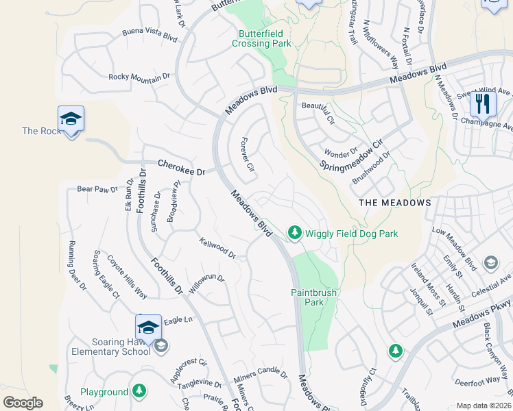 map of restaurants, bars, coffee shops, grocery stores, and more near 3773 Windriver Trail in Castle Rock