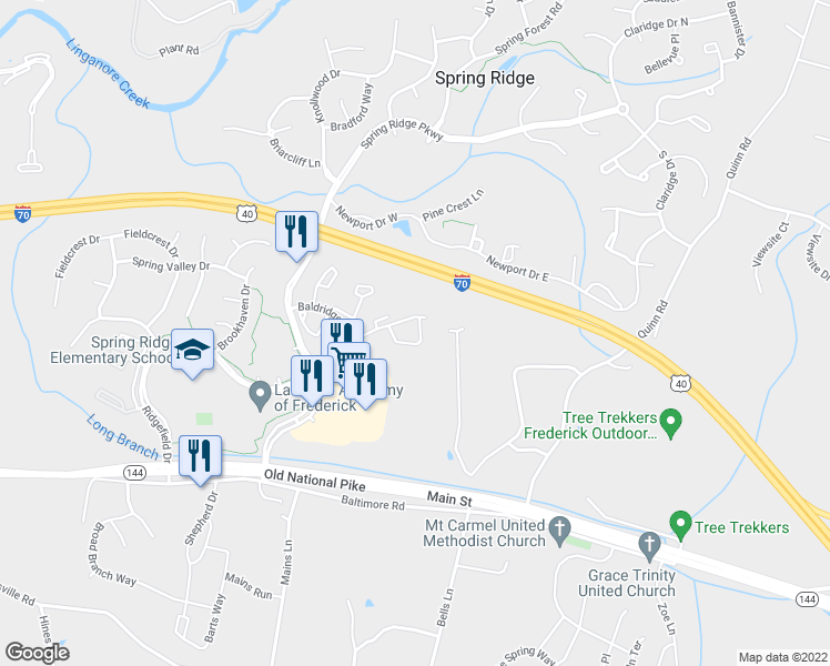 map of restaurants, bars, coffee shops, grocery stores, and more near 9218 Ridgefield Circle in Frederick