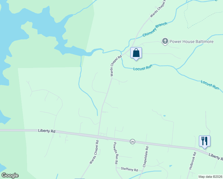 map of restaurants, bars, coffee shops, grocery stores, and more near 4629 Wards Chapel Road in Owings Mills