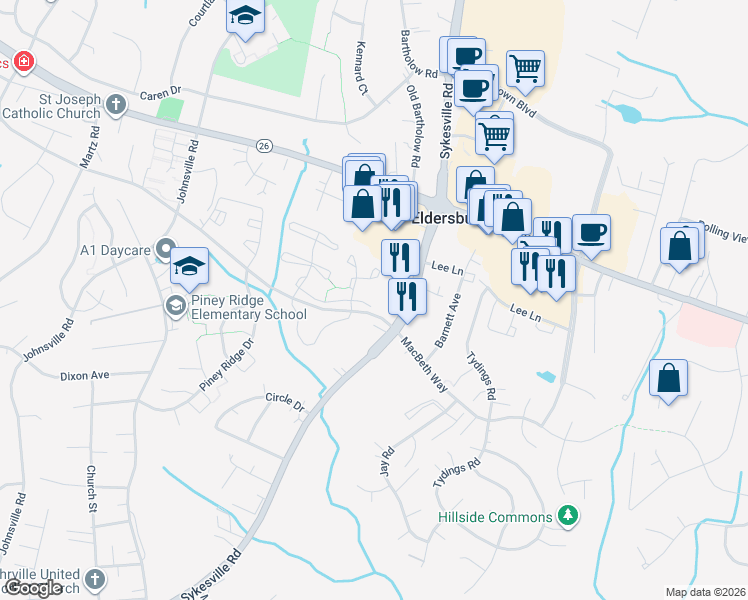 map of restaurants, bars, coffee shops, grocery stores, and more near 1218 Heathfield Road in Eldersburg