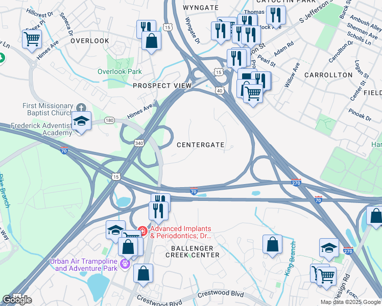 map of restaurants, bars, coffee shops, grocery stores, and more near Solarex Court in Frederick