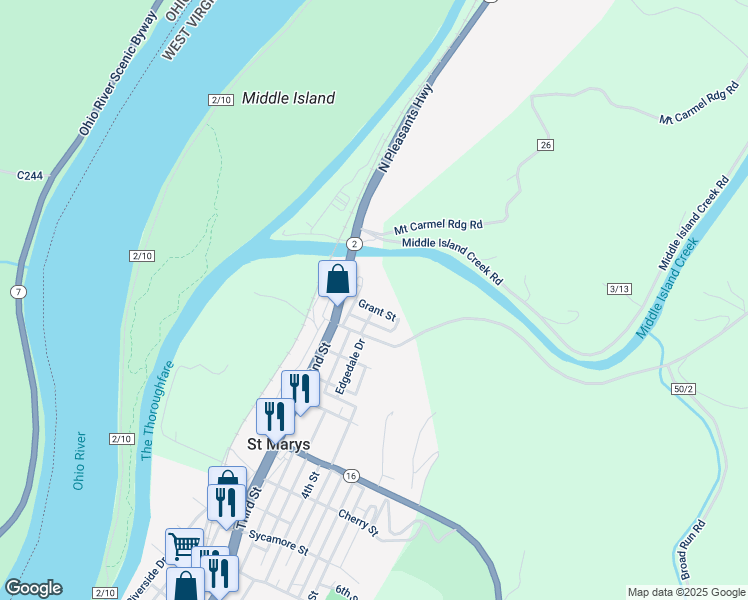 map of restaurants, bars, coffee shops, grocery stores, and more near 219 Grant St in St Marys