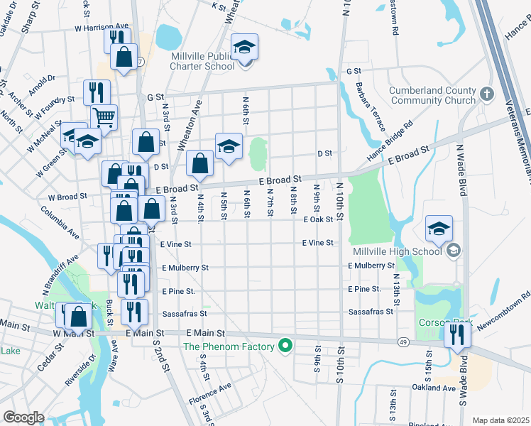 map of restaurants, bars, coffee shops, grocery stores, and more near 701 East Oak Street in Millville
