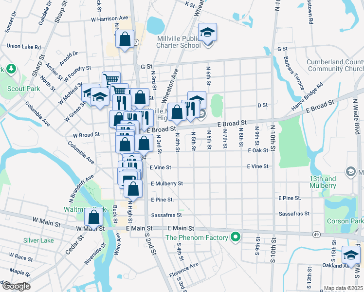 map of restaurants, bars, coffee shops, grocery stores, and more near 329 East Oak Street in Millville