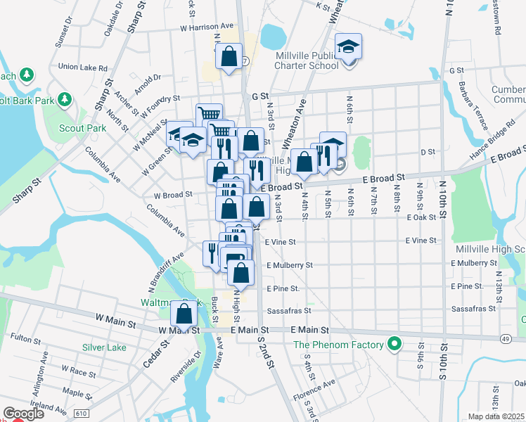 map of restaurants, bars, coffee shops, grocery stores, and more near 426 North 2nd Street in Millville