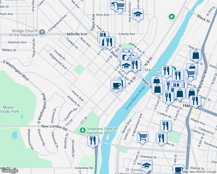 map of restaurants, bars, coffee shops, grocery stores, and more near 311 South C Street in Hamilton