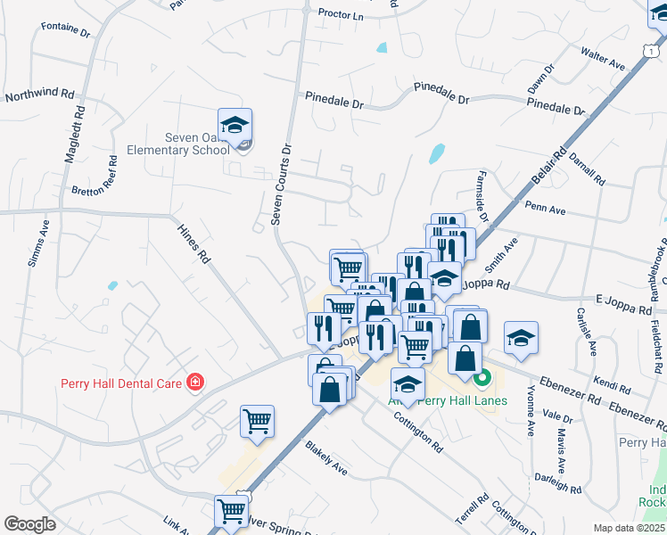 map of restaurants, bars, coffee shops, grocery stores, and more near 87 Cedar Chip Court in Parkville
