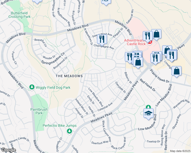 map of restaurants, bars, coffee shops, grocery stores, and more near 3583 Happyheart Way in Castle Rock