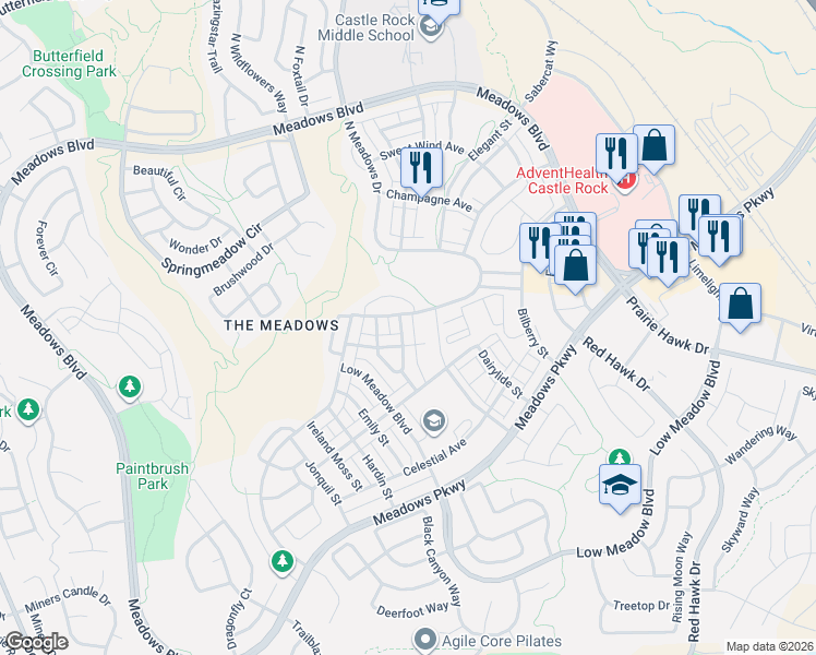 map of restaurants, bars, coffee shops, grocery stores, and more near 3594 Happyheart Way in Castle Rock