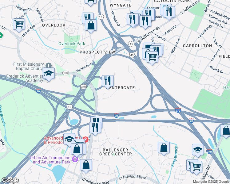 map of restaurants, bars, coffee shops, grocery stores, and more near Solarex Court in Frederick