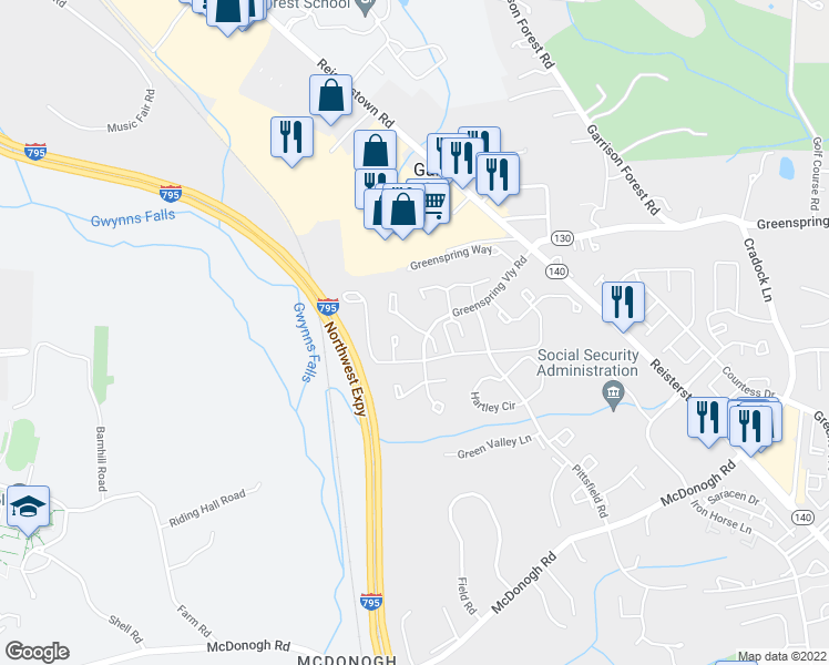 map of restaurants, bars, coffee shops, grocery stores, and more near 33 Hamlet Drive in Owings Mills