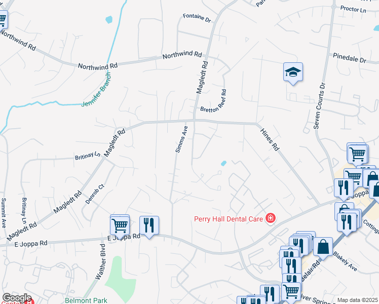 map of restaurants, bars, coffee shops, grocery stores, and more near 9318 Hines Estates Drive in Parkville