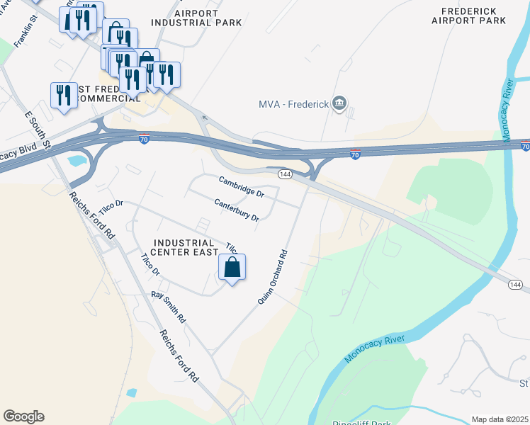 map of restaurants, bars, coffee shops, grocery stores, and more near 6102 Canterbury Drive in Frederick