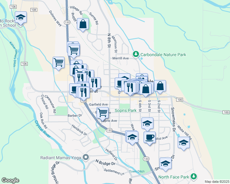 map of restaurants, bars, coffee shops, grocery stores, and more near 60 South 8th Street in Carbondale