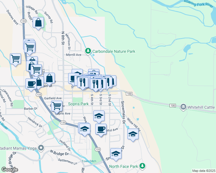 map of restaurants, bars, coffee shops, grocery stores, and more near 269 Main Street in Carbondale
