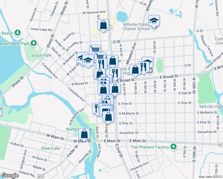 map of restaurants, bars, coffee shops, grocery stores, and more near 426 North 2nd Street in Millville