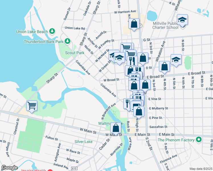 map of restaurants, bars, coffee shops, grocery stores, and more near 550 Columbia Avenue in Millville