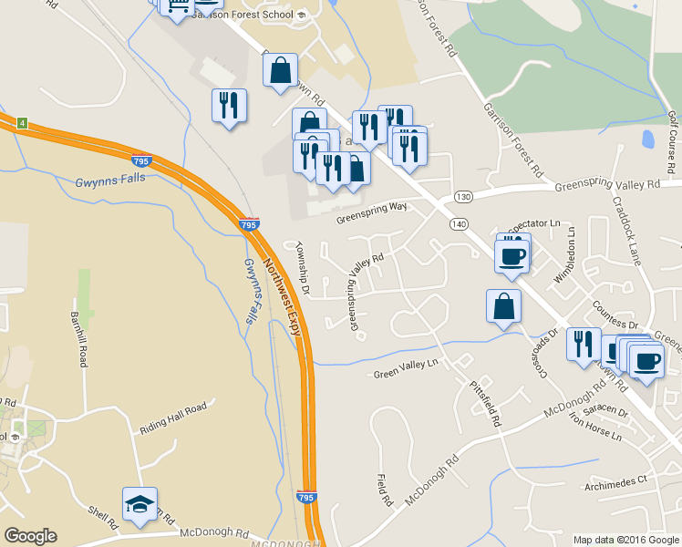 map of restaurants, bars, coffee shops, grocery stores, and more near 33 Hamlet Drive in Owings Mills
