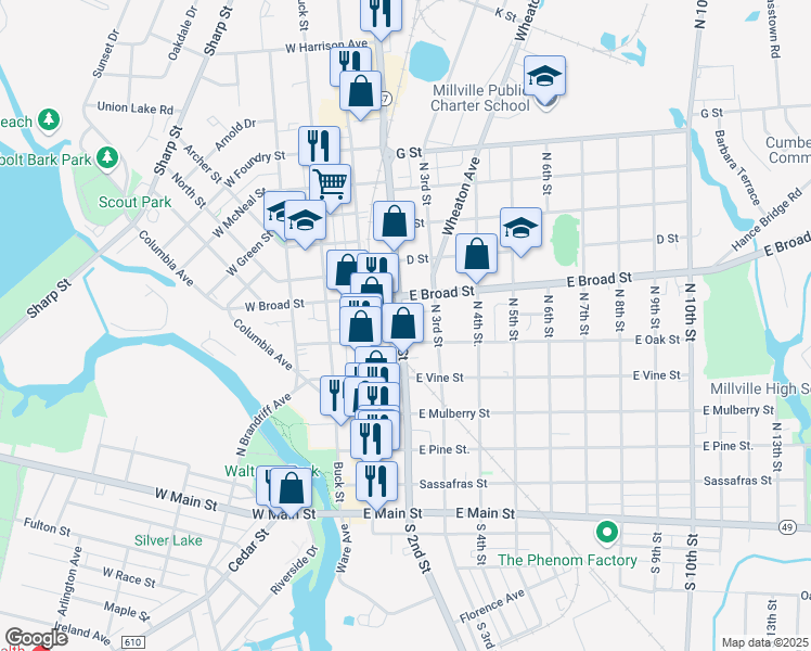 map of restaurants, bars, coffee shops, grocery stores, and more near 511 North 2nd Street in Millville