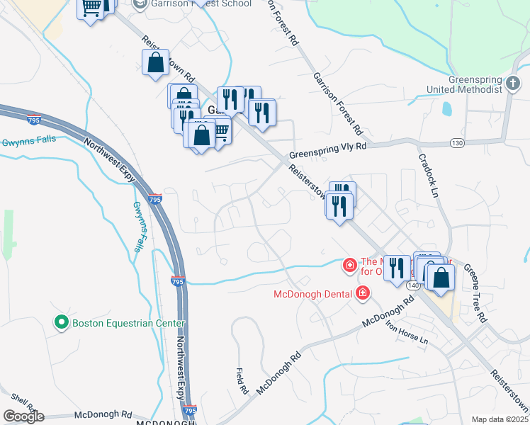 map of restaurants, bars, coffee shops, grocery stores, and more near 8010 Valley Manor Road in Owings Mills