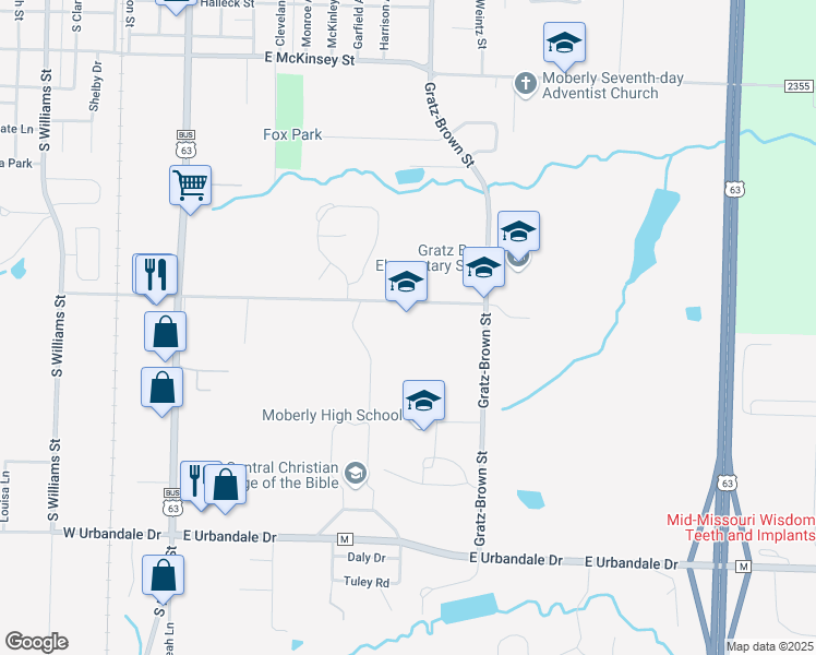 map of restaurants, bars, coffee shops, grocery stores, and more near 920 Kwix Road in Moberly