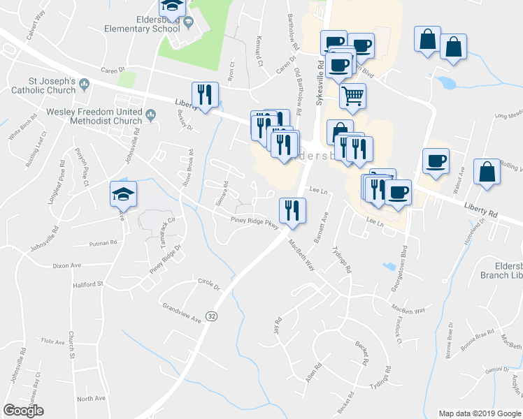 map of restaurants, bars, coffee shops, grocery stores, and more near 1206 Heathfield Road in Sykesville