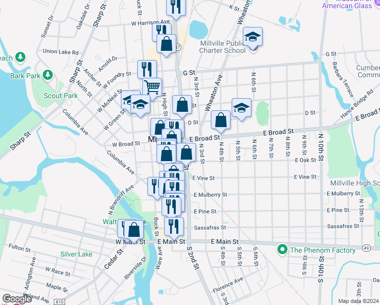 map of restaurants, bars, coffee shops, grocery stores, and more near 513 North 2nd Street in Millville