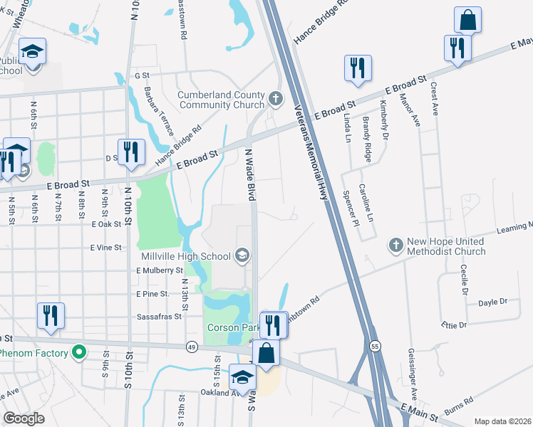 map of restaurants, bars, coffee shops, grocery stores, and more near 1705 Coventry Way in Millville