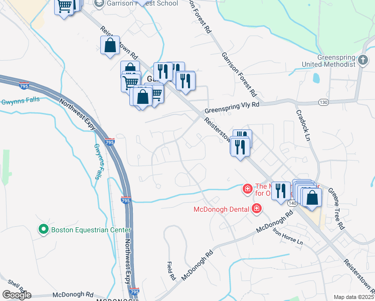 map of restaurants, bars, coffee shops, grocery stores, and more near 8010 Valley Manor Road in Owings Mills