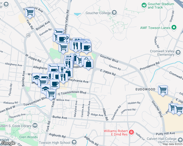 map of restaurants, bars, coffee shops, grocery stores, and more near 515 Fairmount Avenue in Towson