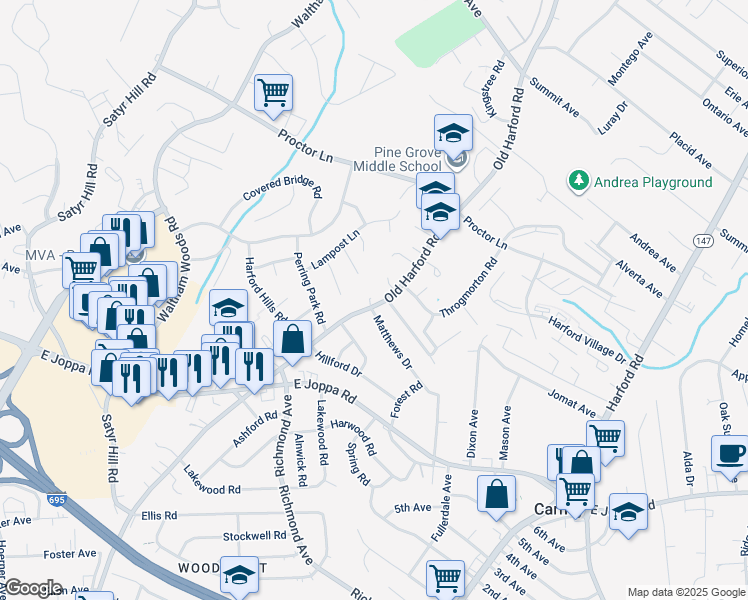 map of restaurants, bars, coffee shops, grocery stores, and more near 9030 Old Harford Road in Parkville