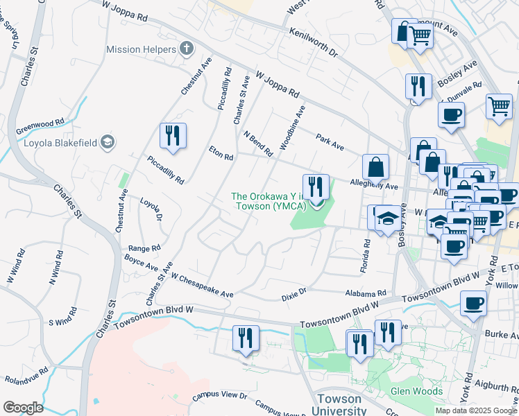 map of restaurants, bars, coffee shops, grocery stores, and more near 508 Woodbine Avenue in Towson