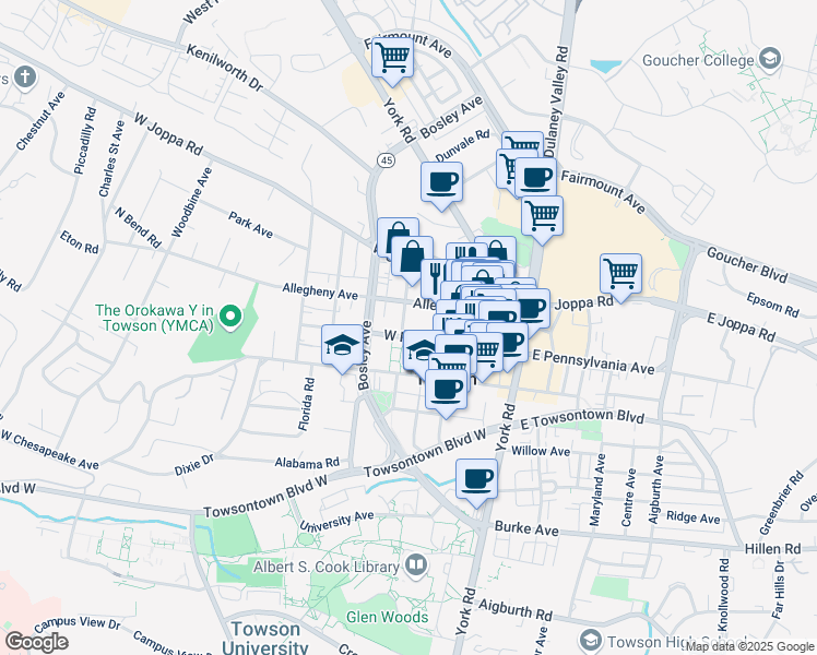 map of restaurants, bars, coffee shops, grocery stores, and more near 120 West Pennsylvania Avenue in Towson